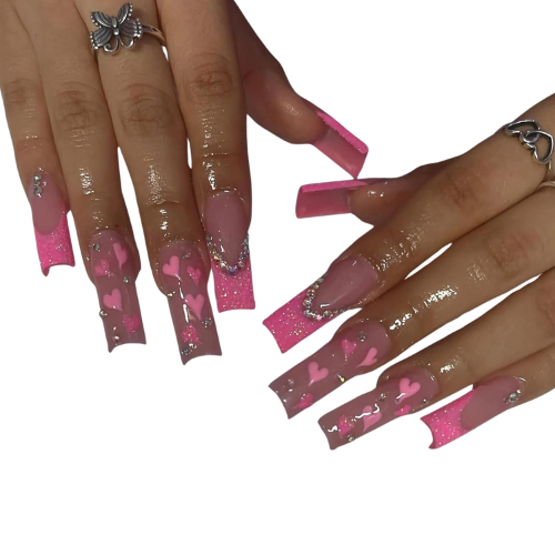 Fake Nails Pink French Glue on Nails Shiny Rhinestone Acrylic Nails Heart