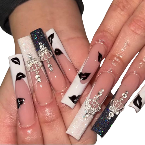 Rhinestone & Glitter Glue on Nails Black and White Acrylic Nails with Designs