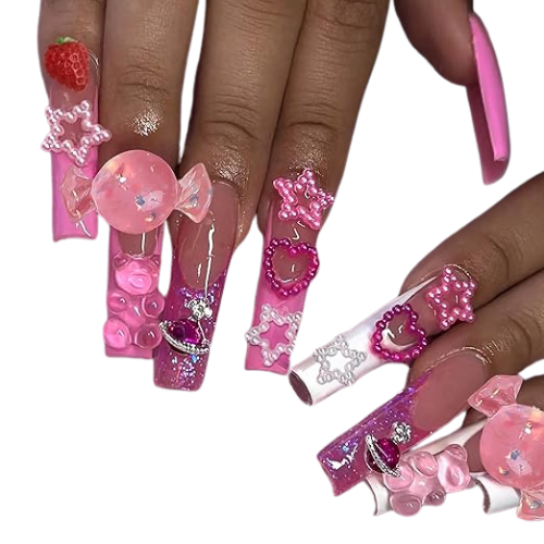 Cute Glue on Nails 3d Bear Candy Star Heart Strawberry Charm Acrylic Nails